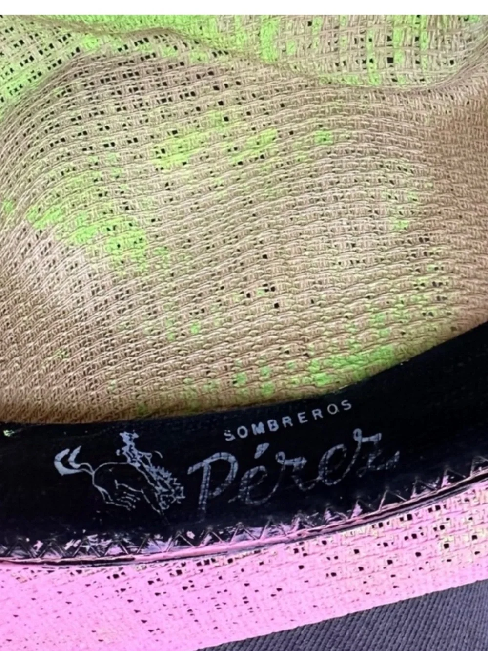 Vintage Cowboy hat w/ spider & cross bright green & pink - Picture 12 of 12